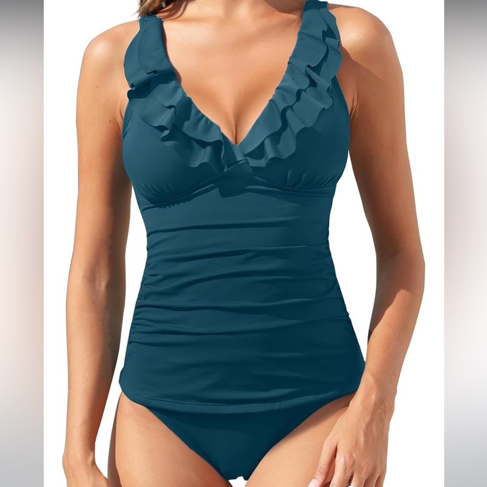 New! Younique Teal Malachie Green Ruffled Two Piece Tankini Swimsuit Size XXL